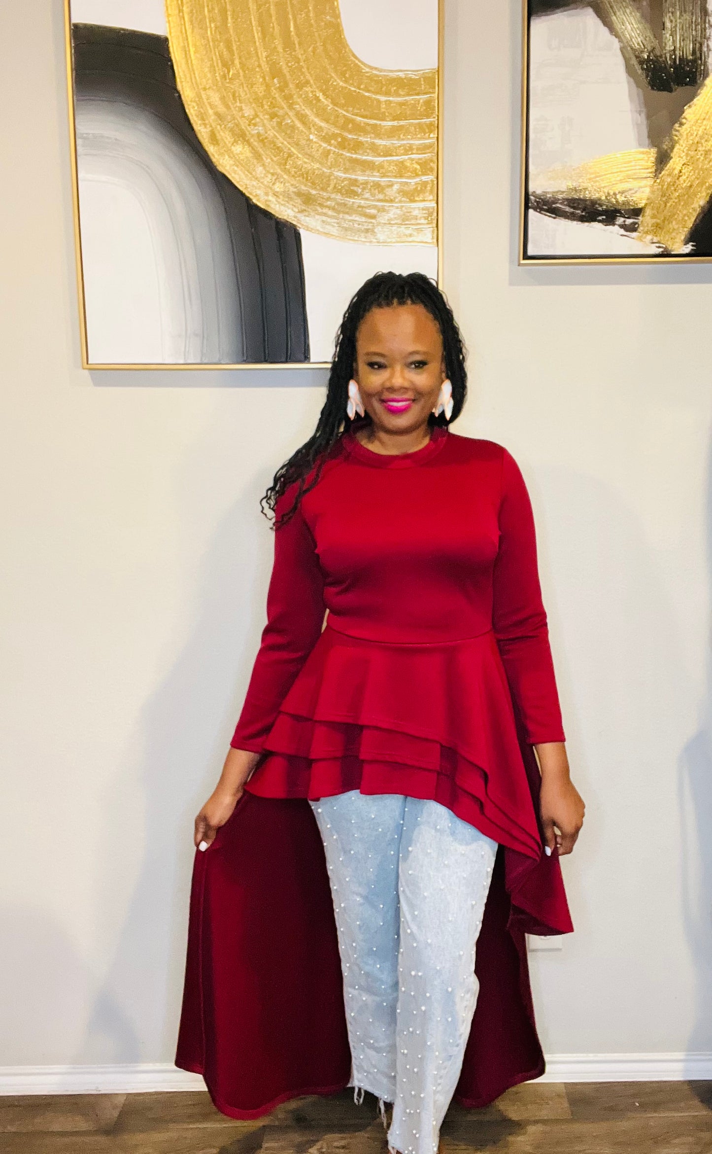 Maroon hi-low peplum top