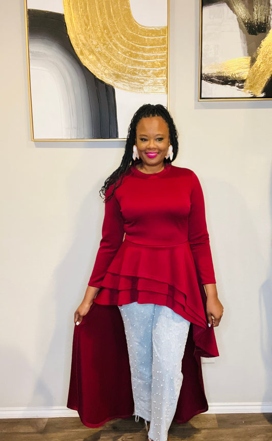 Maroon hi-low peplum top