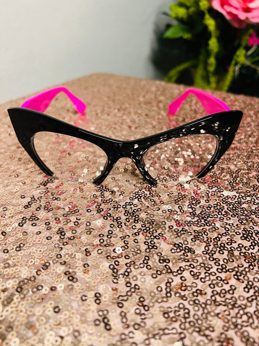 Pink and black cat eyed frames